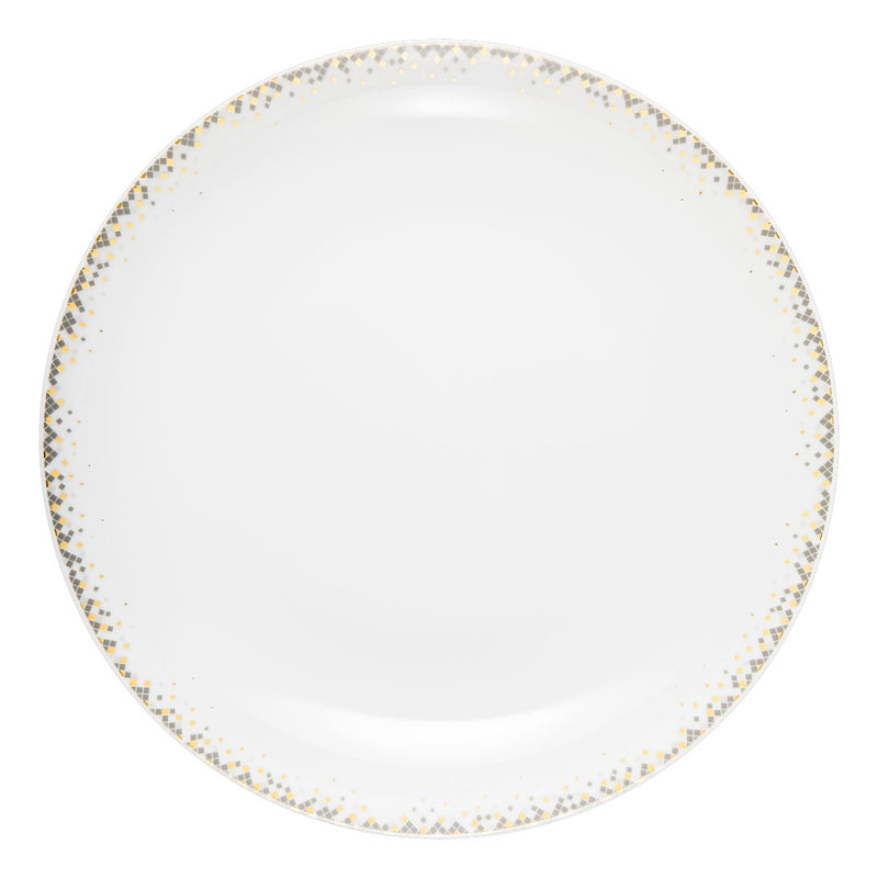 White plate with gold decorative rim on a white background