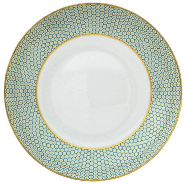 Raynaud Trésor turquoise porcelain deep plate 22cm with gold-accented honeycomb design