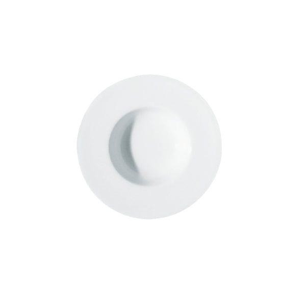 A white porcelain deep plate with a wide rim.
