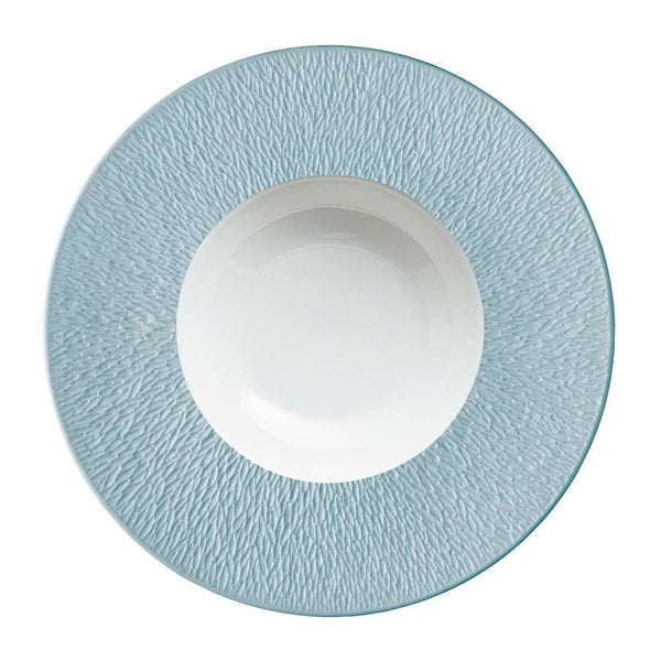 Raynaud Minéral Irisé Sky Blue 27cm porcelain deep plate with rim, iridescent glaze, and organic relief