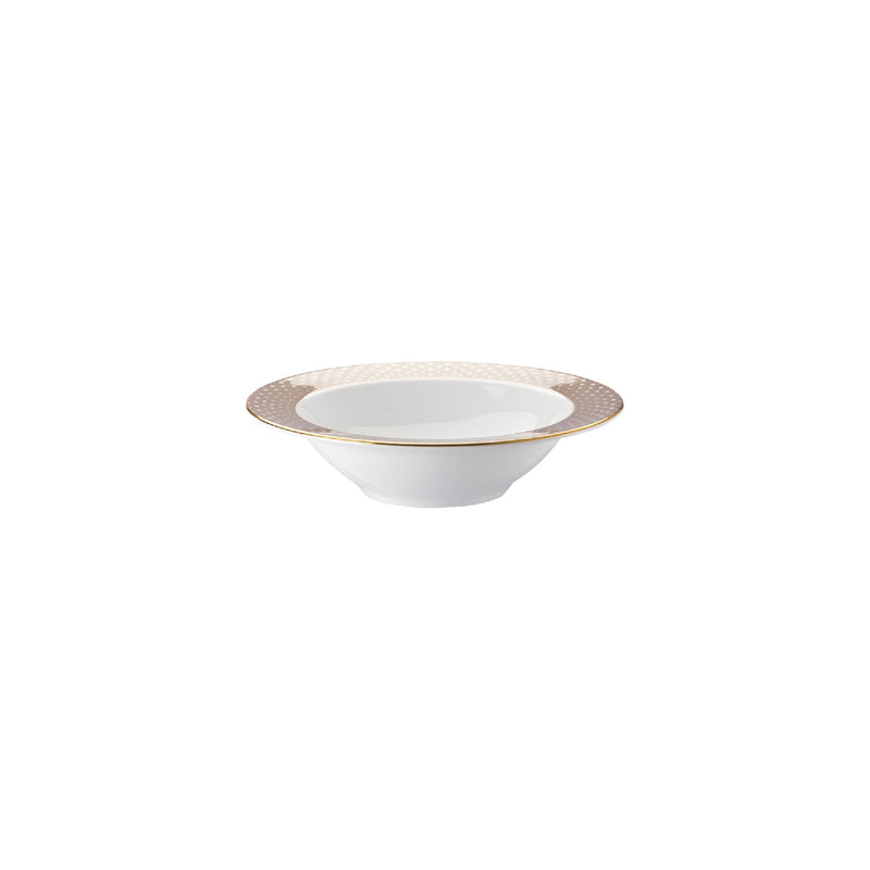 Side view of the Francis Carreau Beige porcelain deep plate with rim featuring beige and gold check design by Rosenthal