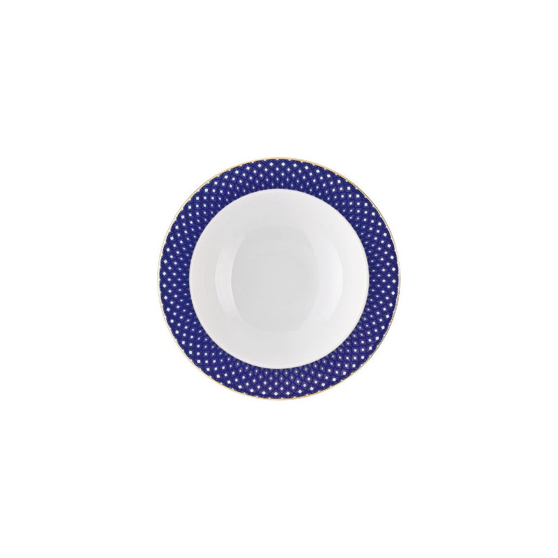 Francis Carreau Blue porcelain deep plate with rim featuring royal blue and gold check design by Rosenthal