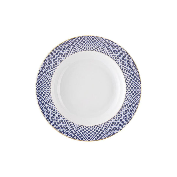 Francis Carreau Blue porcelain deep plate with rim in royal blue and gold check design by Rosenthal