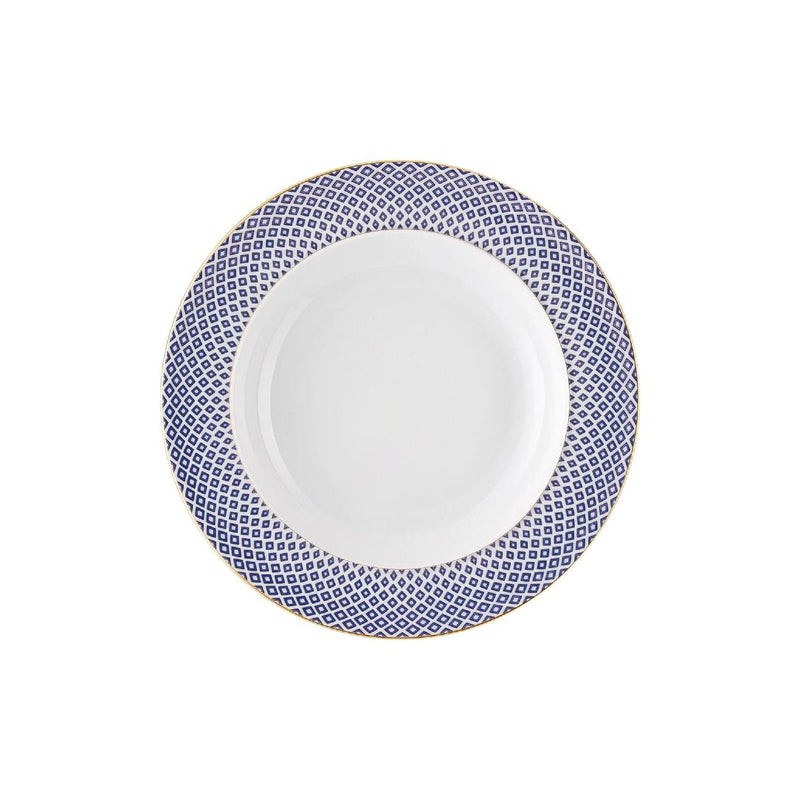 Francis Carreau Blue porcelain deep plate with rim in royal blue and gold check design by Rosenthal