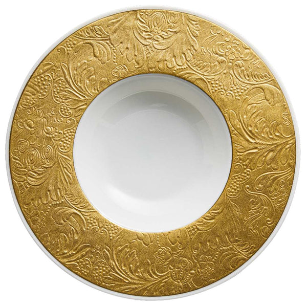 Deep plate with rim in fine white porcelain with gold detailing from the Italian Renaissance Gold collection by Raynaud.