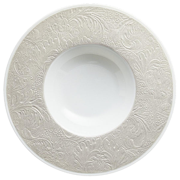Italian Renaissance Irisé Pearl Grey deep plate with rim by Raynaud, Limoges porcelain with arabesques, pearl grey iridescence, and platinum accents.