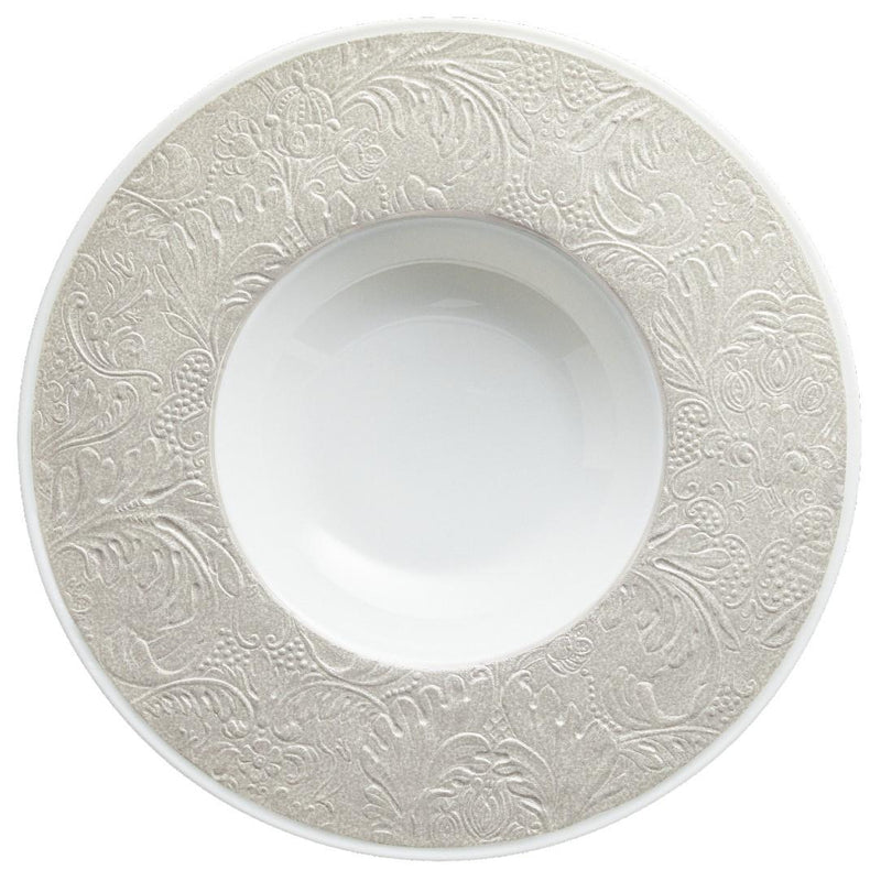 Italian Renaissance Irisé Pearl Grey deep plate with rim by Raynaud, Limoges porcelain with arabesques, pearl grey iridescence, and platinum accents.