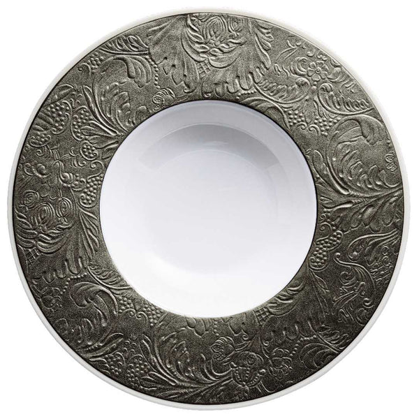 Porcelain deep plate with rim and platinum detailing from the Italian Renaissance Platinum collection by Raynaud.