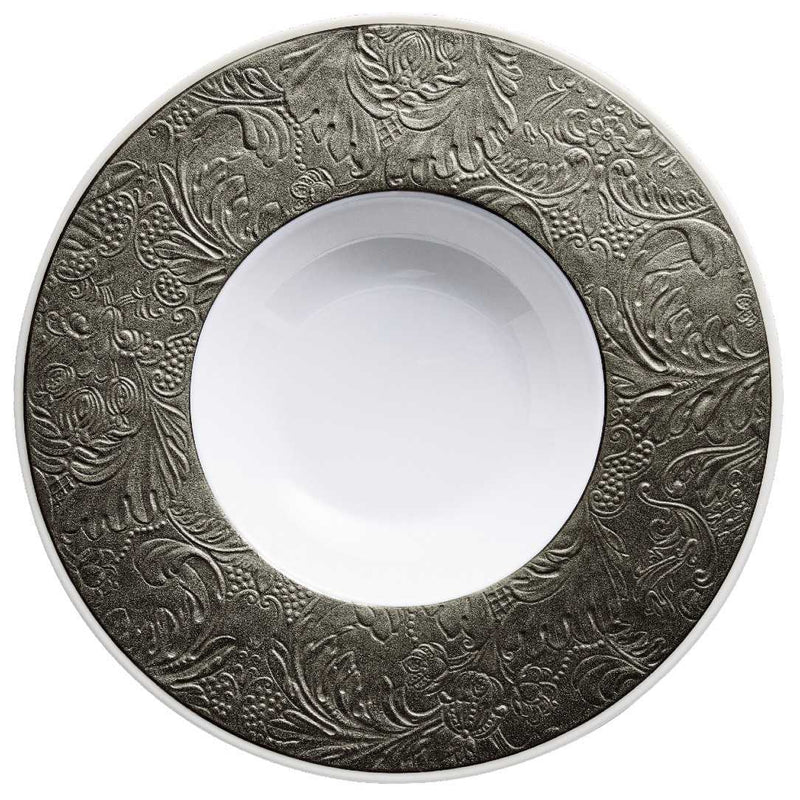 Porcelain deep plate with rim and platinum detailing from the Italian Renaissance Platinum collection by Raynaud.