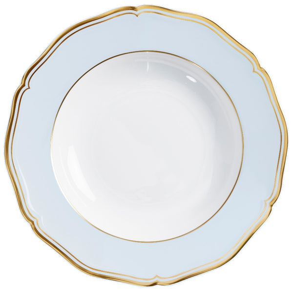 A deep plate with a blue grey color and gold trim, made of refined porcelain.