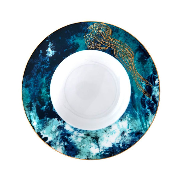 Océan Bleu Deep Plate with Rim by Haviland in Limoges porcelain with ocean-inspired blue tones and golden jellyfish motif.