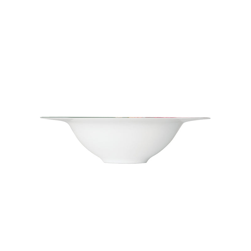 Side view of the Paraiso porcelain deep plate with rim featuring tropical geometric motifs in green and pink by Sieger by Fürstenberg