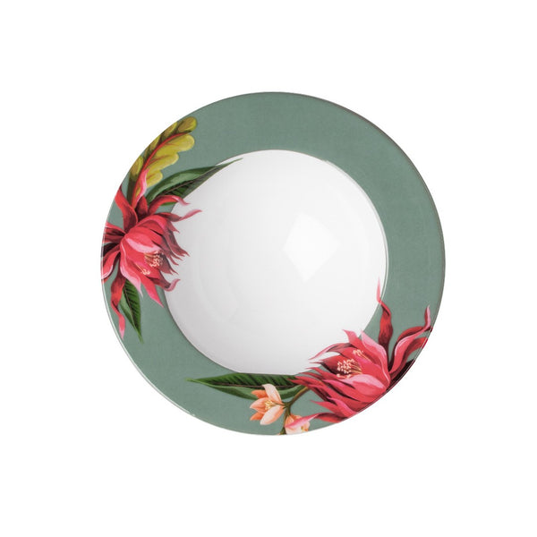 Paraiso porcelain deep plate with rim featuring tropical geometric motifs in green and pink by Sieger by Fürstenberg