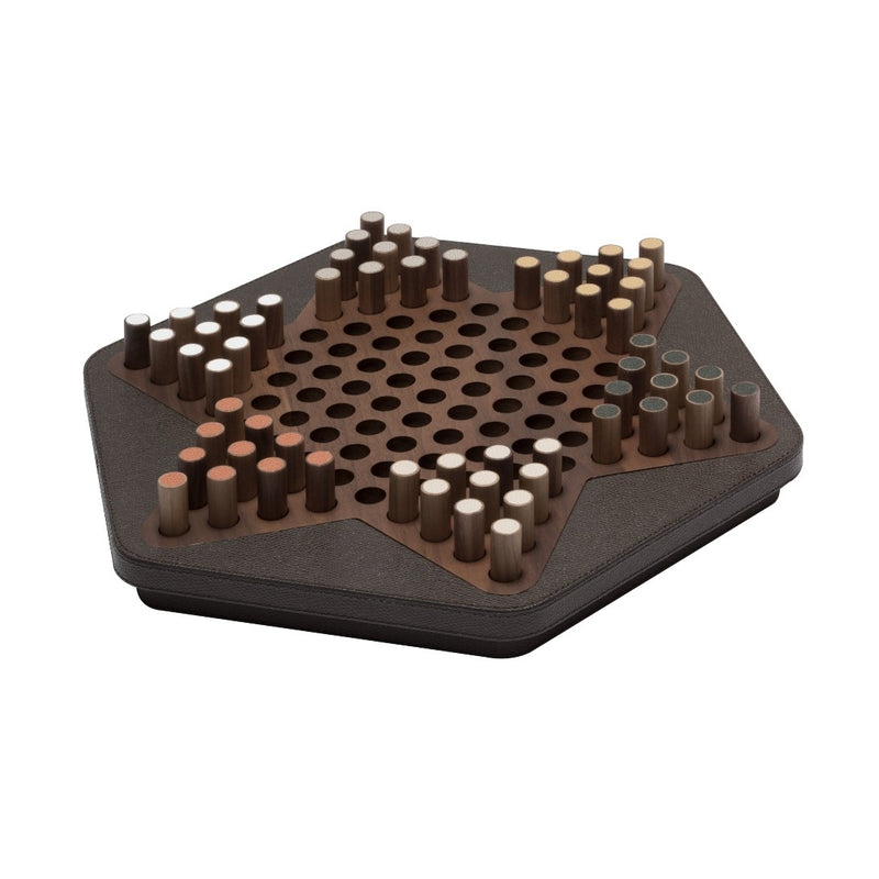 Delos Chinese Checkers in walnut wood with leather inserts by Giobagnara