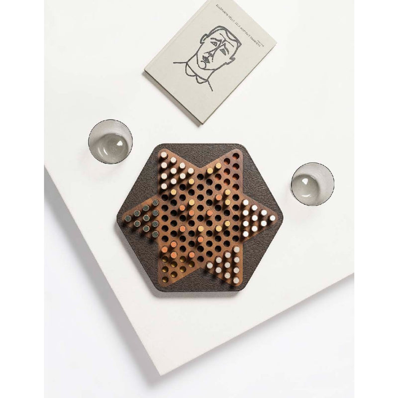 Styled Delos Chinese Checkers in walnut wood with leather inserts by Giobagnara