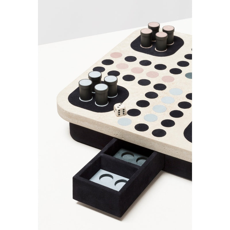 styled close-up of Delos Ludo Game Set in marble and leather by Giobagnara