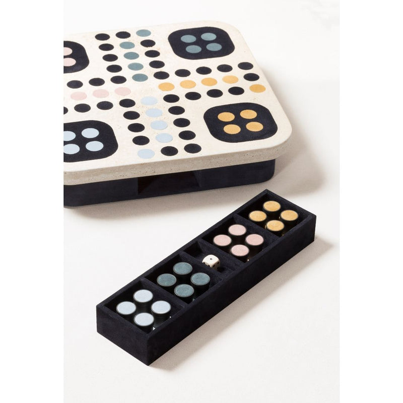 detail of the Delos Ludo Game Set in marble and leather by Giobagnara
