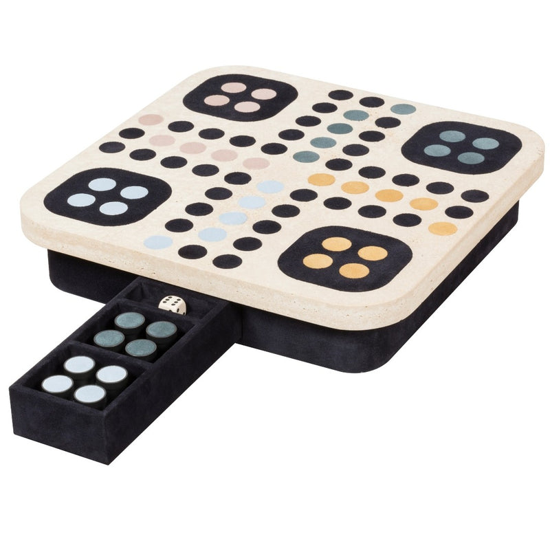 open drawer Delos Ludo Game Set in marble and leather by Giobagnara
