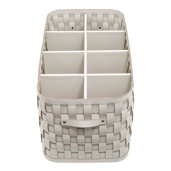 Woven storage basket with compartments on a white background