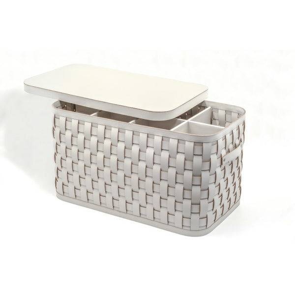 Demetra rectangular shoe basket in white regenerated leather by Pinetti with smooth leather lid