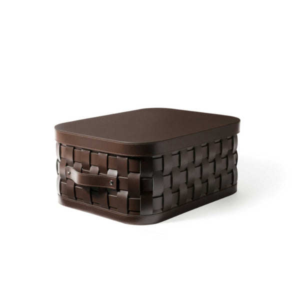Demetra small rectangular storage basket in brown regenerated leather by Pinetti with smooth leather lid and handwoven texture