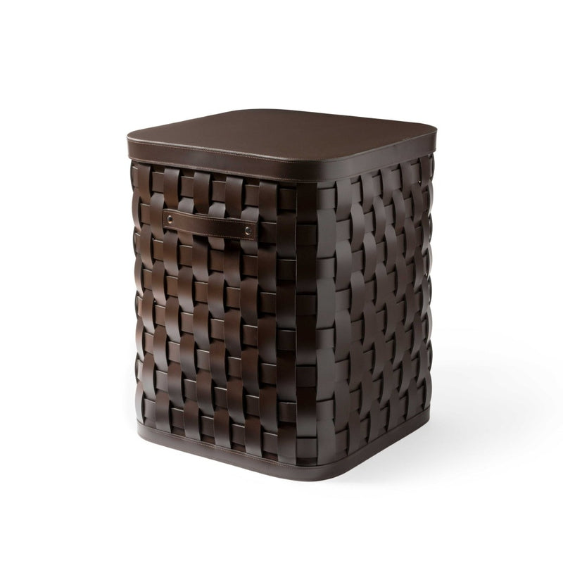Demetra tall rectangular storage basket in brown regenerated leather by Pinetti with smooth leather lid and handwoven detailing