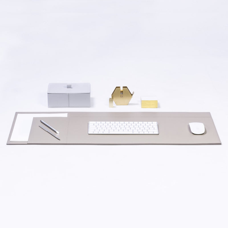 Minimalist office desk setup with keyboard, mouse, and Leather desk blotter organizer Idea by Giobagnara x Rudi in Tecnocuoio regenerated leather