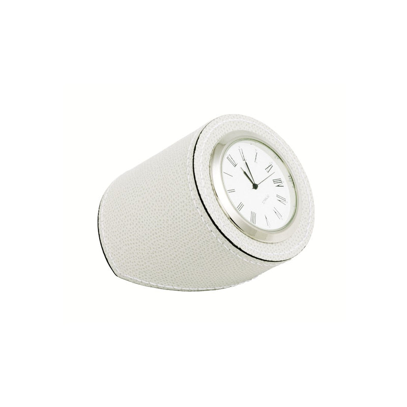Leather desk clock in white Golf leather by Giobagnara, angled cylindrical design with polished bezel.