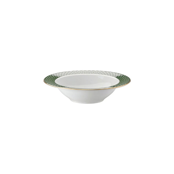 side view of the Francis Carreau Green porcelain dessert bowl with green and gold check design by Rosenthal