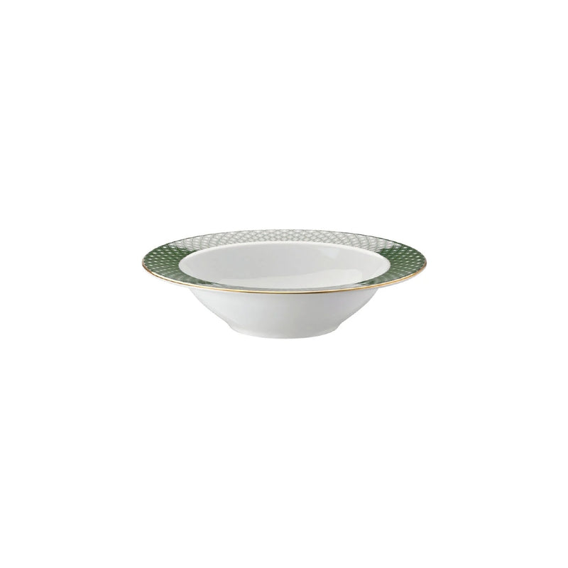 side view of the Francis Carreau Green porcelain dessert bowl with green and gold check design by Rosenthal
