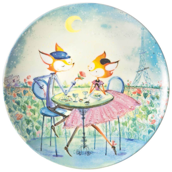 Raynaud les petits parisiens dessert plate no 1 with fox couple at paris café and eiffel tower