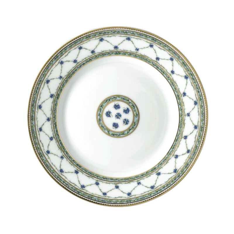 Allée du Roy 19.5cm dessert plate by Raynaud in Limoges porcelain, decorated with trellis, laurel crowns, cornflowers, and gold accents.
