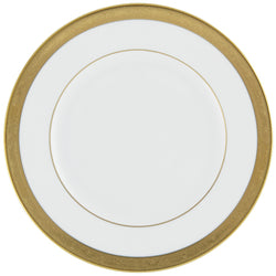 A white porcelain dessert plate with a gold Renaissance style border, featuring fine gold inlays.