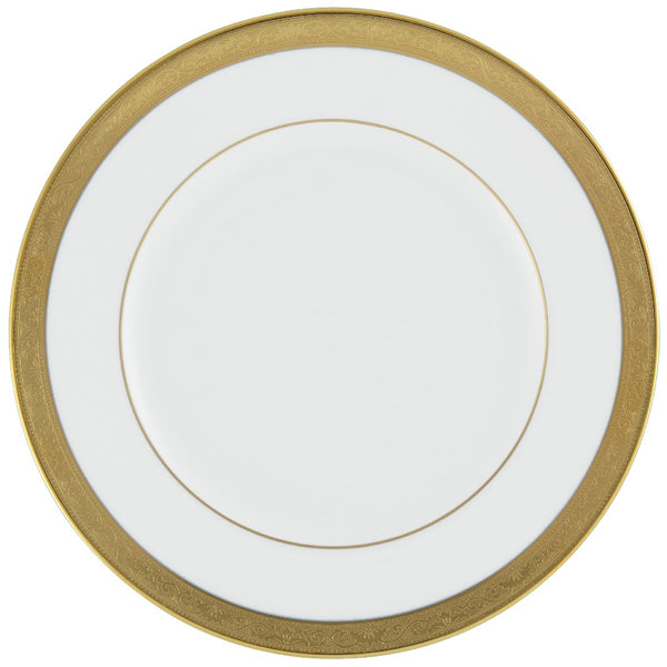 A white porcelain dessert plate with a gold Renaissance style border, featuring fine gold inlays.