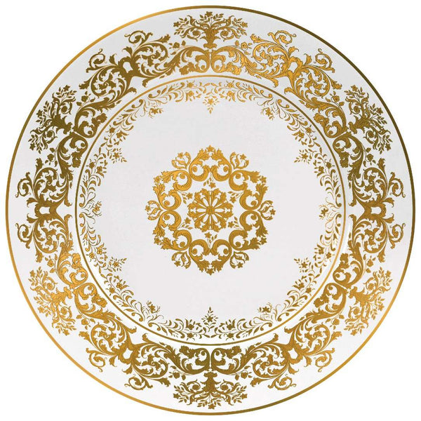 Chelsea Gold Fond Blanc 22cm dessert plate by Raynaud, Limoges porcelain with gold Victorian floral motifs on white, inspired by Gothic tapestries.