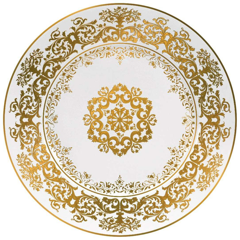 Chelsea Gold Fond Blanc 22cm dessert plate by Raynaud, Limoges porcelain with gold Victorian floral motifs on white, inspired by Gothic tapestries.