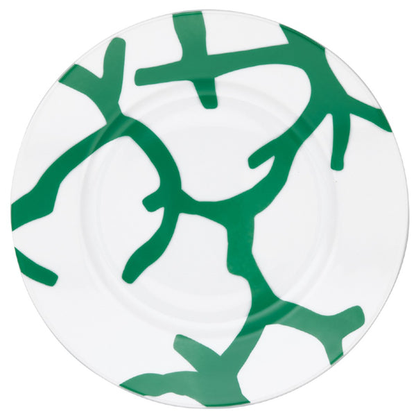 Raynaud Cristobal Emerald Dessert Plate Flat Rim No.2 in Limoges porcelain with bold emerald green coral motifs.