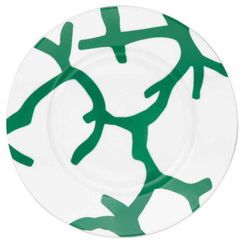 Raynaud Cristobal Emerald Dessert Plate Flat Rim No.2 in Limoges porcelain with bold emerald green coral motifs.