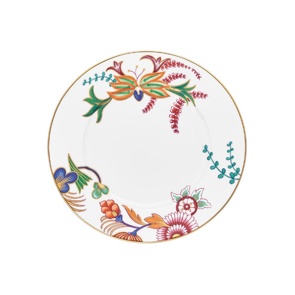 Imari dessert plate in Limoges porcelain with cobalt blue border and floral watercolor design in iron red