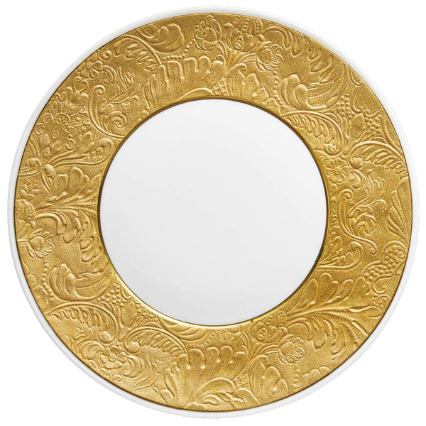 Raynaud Italian Renaissance Gold Limoges porcelain dessert plate with embossed arabesques and gold finish.
