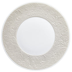 Italian Renaissance Irisé Pearl Grey dessert plate by Raynaud, Limoges porcelain with arabesques, pearl grey iridescence, and platinum accents.

