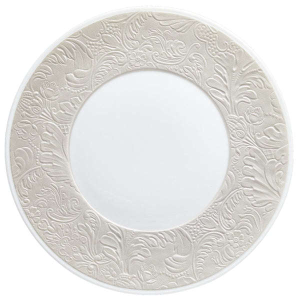 Italian Renaissance Irisé Pearl Grey dessert plate by Raynaud, Limoges porcelain with arabesques, pearl grey iridescence, and platinum accents.

