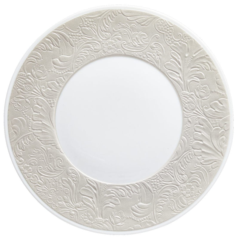 Italian Renaissance Irisé Pearl Grey dessert plate by Raynaud, Limoges porcelain with arabesques, pearl grey iridescence, and platinum accents.

