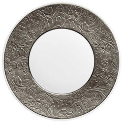 Porcelain dessert plate with platinum border and Renaissance-inspired detailing from the Italian Renaissance Platinum collection by Raynaud.