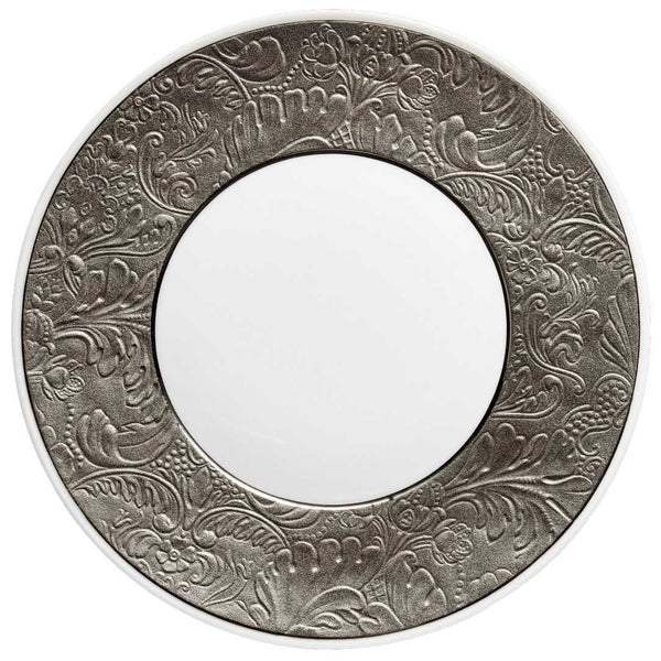 Porcelain dessert plate with platinum border and Renaissance-inspired detailing from the Italian Renaissance Platinum collection by Raynaud.