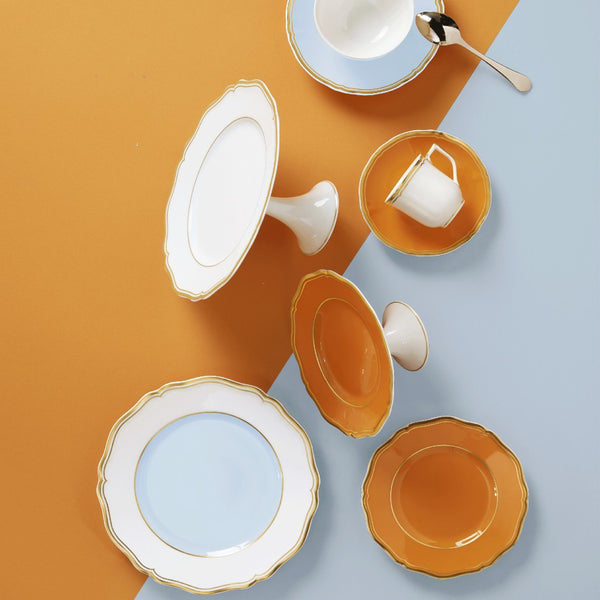 styled Dessert Plate Mazurka Blue Grey and Orange by Raynaud in fine Limoges porcelain with gilded scalloped contour and blue-grey tones.