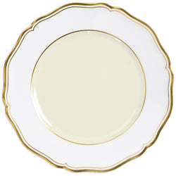 Mazurka, A round, white porcelain dessert plate with gold rim and festoons, displayed against a white background.