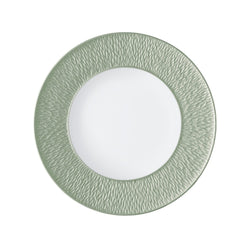 Raynaud Minéral Irisé Céladon porcelain dessert plate with sculptural engraved rim and iridescent celadon glaze