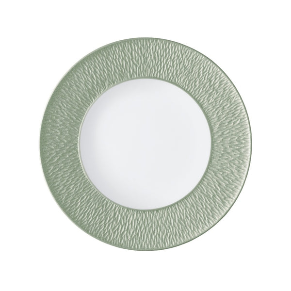 Raynaud Minéral Irisé Céladon porcelain dessert plate with sculptural engraved rim and iridescent celadon glaze