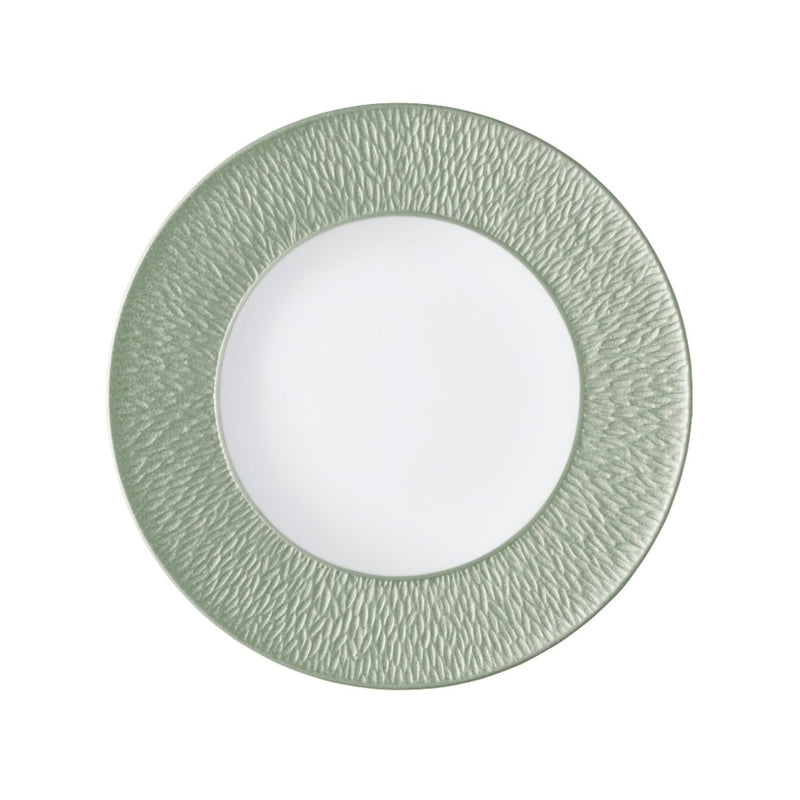 Raynaud Minéral Irisé Céladon porcelain dessert plate with sculptural engraved rim and iridescent celadon glaze